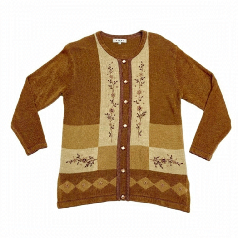 #093 Vintage Angora Wool grandma sweater size L tan, brown earthy tones Woman